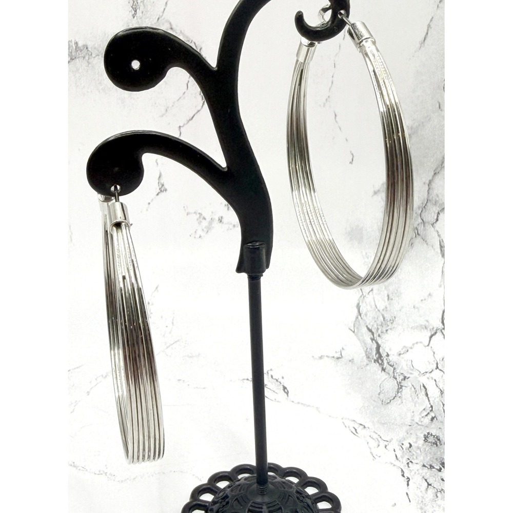Silver Multi Wire Hoop Earrings Large‎ 2" Minimalist Latch Back Hoops
